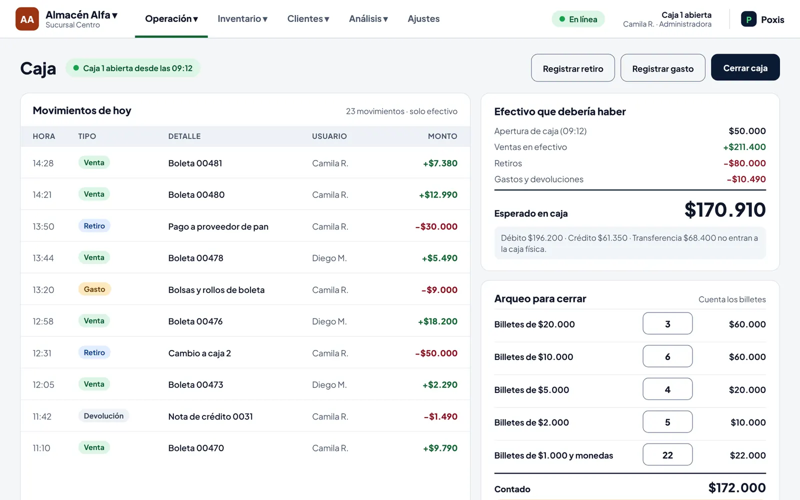Poxis: apertura y cierre de caja con arqueo