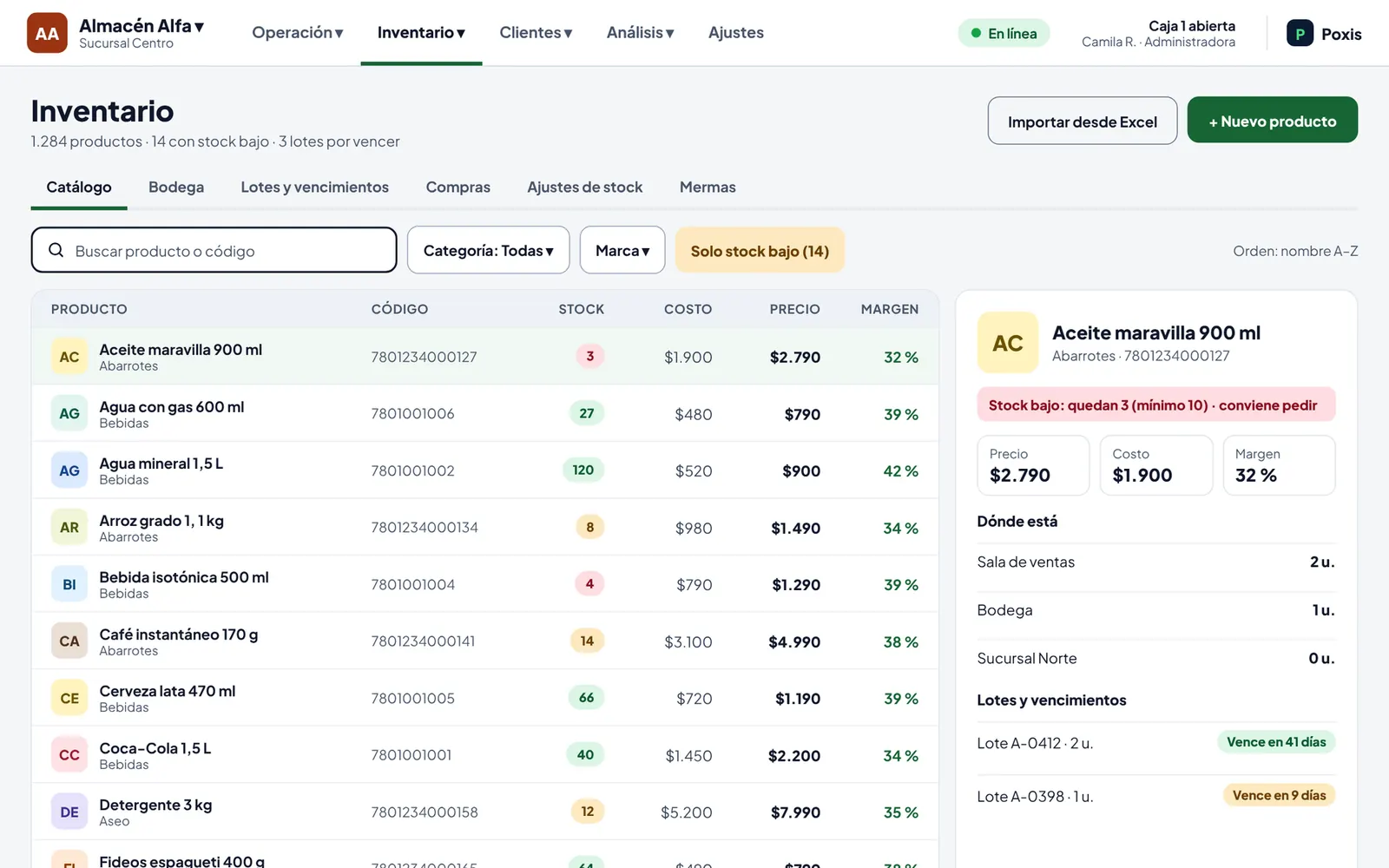 Poxis: catálogo de inventario con stock y fechas de vencimiento