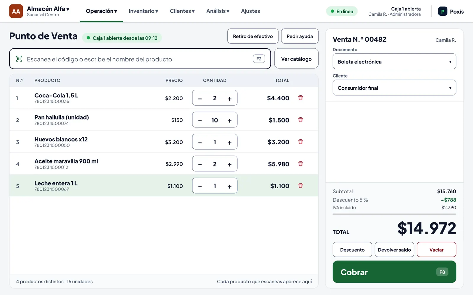 Poxis: pantalla del punto de venta con el carrito y los medios de pago